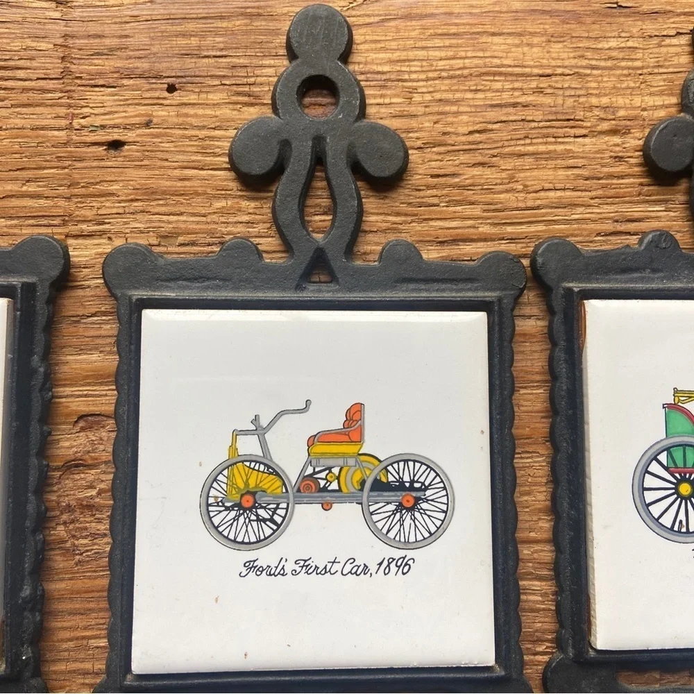 Set of 3 Vintage FORD Auto Car Cast Iron Trivets and Ceramic Tile Small Coasters